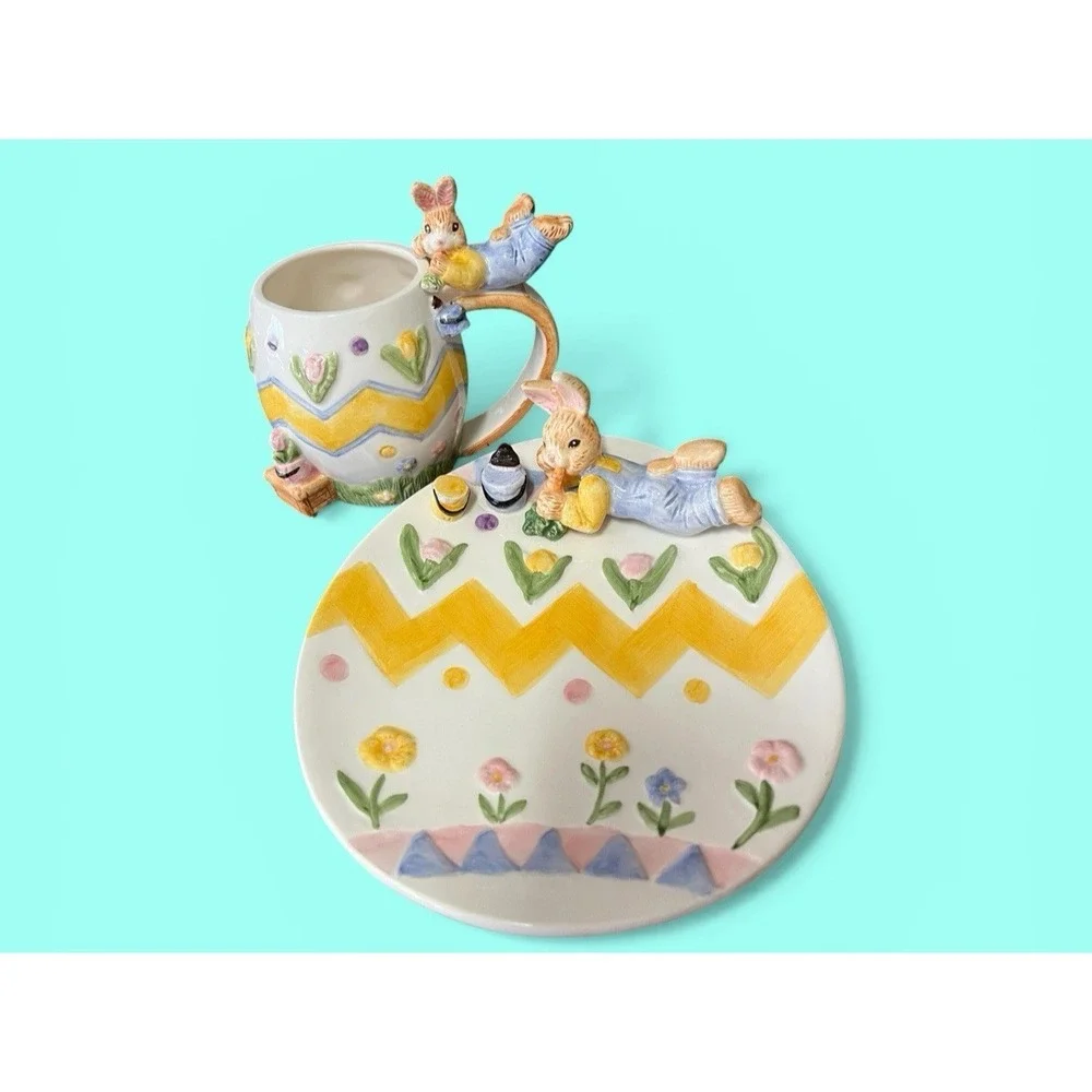 Fitz & Floyd Omnibus Eggspress Bunny‎ Rabbit Plate Cup Set Pastel Spring Vintage